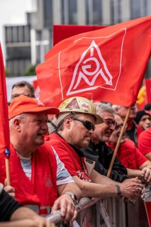 Demonstration by many thousands of steelworkers in front of the ThyssenKrupp headquarters in Essen