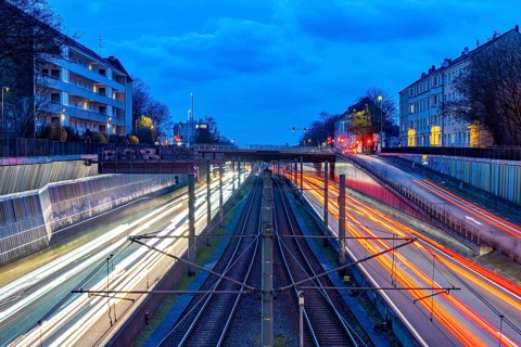The Hausackerbrücke, inner-city road bridge over the A40 motorway and the U18 light rail line,