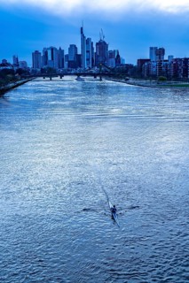 Skyline of Frankfurt am Main, skyscrapers, business and banking district in the city centre, rowing