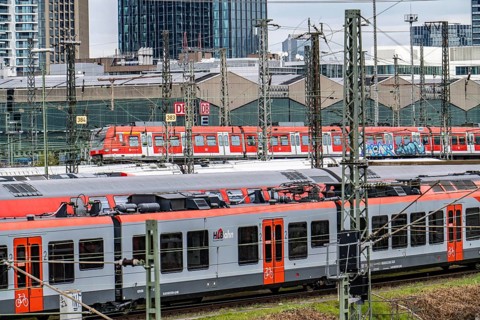 Local trains on the track in front of Frankfurt am Main Central Station, Skyline, Hesse, Germany,