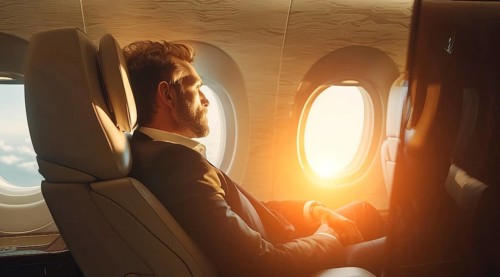 Successful businessman sitting in a plane, looking out the window. Business travel, global