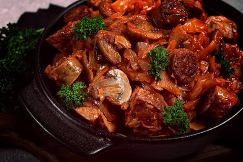 Bigos, bigus is a national Polish dish, made of cabbage and meat, stewed, homemade, no people