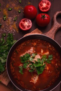 Kharcho soup, traditional Georgian dish, spicy soup, red, homemade, no people