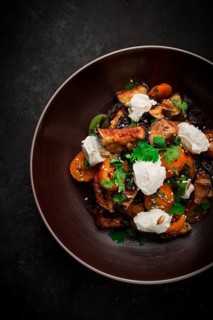Warm Salad with crispy eggplant and tomatoes, cottage cheese, spices, herbs, sesame seeds,