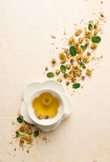 Chrysanthemum tea, drink, white cup, mint, chrysanthemum buds, close-up, no people