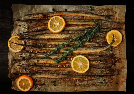 Fried fish, sargan, black sea pike, top view, close-up, no people