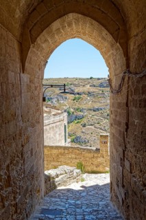 Paths and corridors in the tuff of the Sassi Barisano in the cave town of Matera. The cave