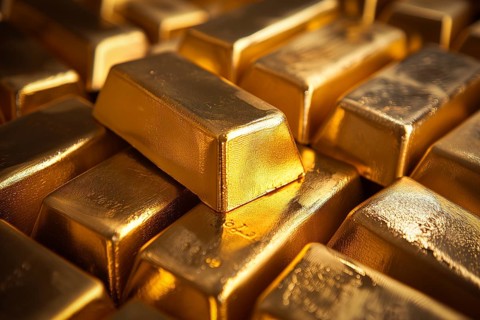 Banking finance concept background, pile of gold bars bullions ingots close up, AI generated