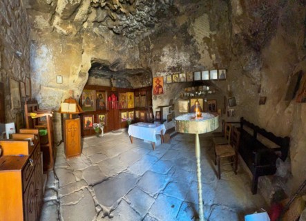 Interior of the small orthodox rock church of Panagia in Matala, Matala, Crete, Greece, Europe