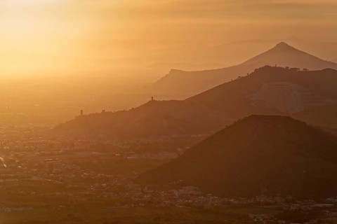 View of the densely populated Neapolitan region and the mountains near Caserta in the hazy light of
