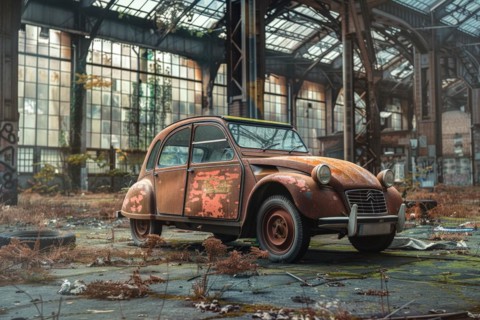 An old, weathered and dusty vintage car, wreck, Citroen 2 CV from the 70s stands in an old factory