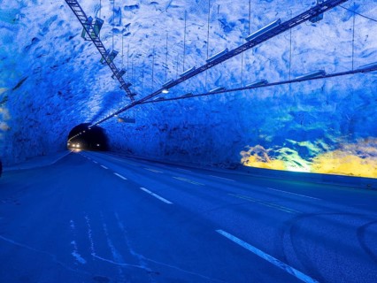 Tunnel between Aurland and Laerdal, Laerdalstunnelen, illuminated caves allow a stop, Sognefjord