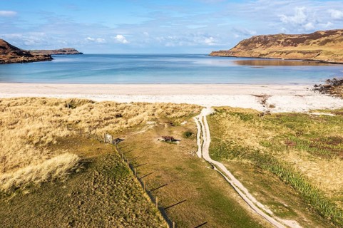 Aerial view of Calgary beach, a sandy beach on the west coast of Isle of Mull, Scotland, UK