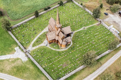 Aerial view of Lom stave church and cemetery, Lom, Norway, Europe