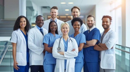 Team of diverse nurses and doctors in hospital providing excellent health care services, AI