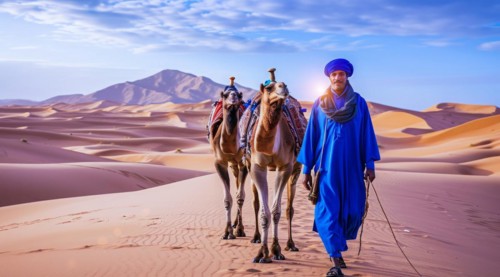 Camel rider with camels travelling over dunes in the desert, AI generated