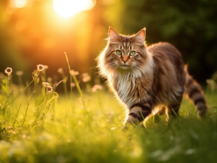 Adorable, striped playful cat walking in the filed, AI generated