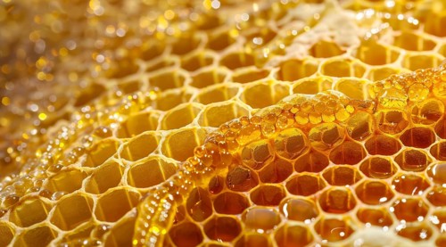 A close up of honeycomb with honey dripping from it, AI generated