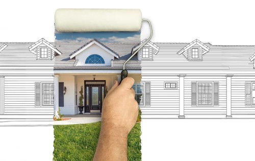 Before and after of man painting roller to reveal custom home photograph under pencil sketch