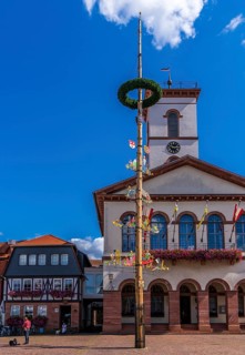 Half-timbered houses and the town hall tower in the old town centre, Seligenstadt, Hesse, Germany,