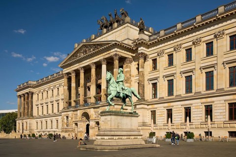 Palace, classicist three-winged complex with quadriga and equestrian statue of Duke Friedrich