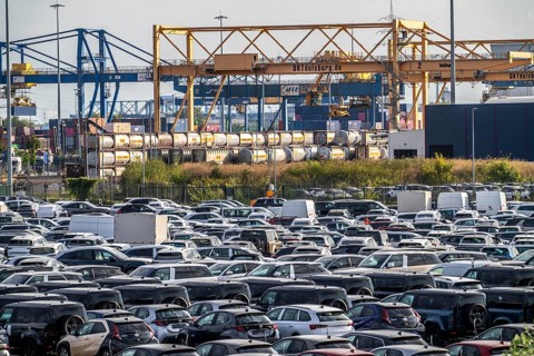 Car terminal in the Logport I inland port, in Duisburg on the Rhine, vehicle handling of new cars,