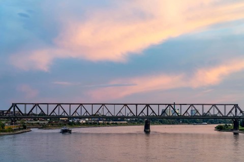 The railway bridge Duisburg-Hochfeld-Rheinhausen, over the Rhine, regional trains and many goods