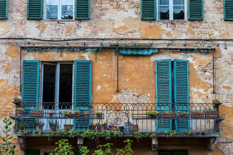 Dilapidated house, empty balcony, nobody, dilapidated, building, property, crisis, Italy, Europe