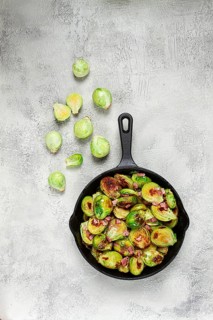 Roasted brussels sprouts, with bacon, vegetarian food, homemade, no people