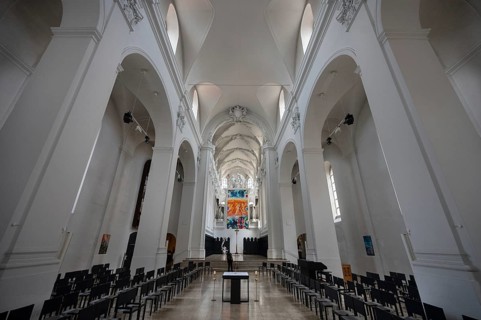 Interior with luminous altarpiece created by the painter Jacques Gassmann, Heavenly Jerusalem 2011,