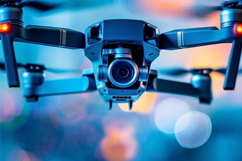 Flying drone with video and photo camera lens. Generative Ai, AI generated