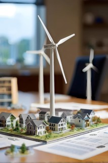 Scale model of a wind turbine adjacent to miniature houses, AI generated