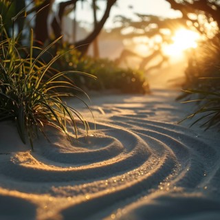 Zen garden bathed in the soft glow of dawn as a serene symbol for relaxation, AI generated