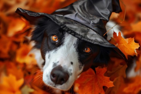 Close up of face of dog with Halloween costume witch hat between colorful autumn leaves. Generative