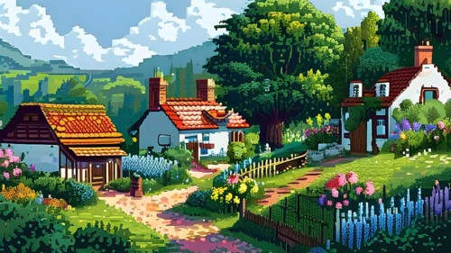 Pixel art illustration of a cozy village in summer with vibrant green roofs and blooming flowers,