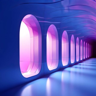 Windows aligned within an elongated tunnel permeated with gradients of blue and magenta hues, AI