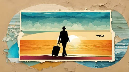 Vintage collage of a tourist with suitcase on a beach symbolizing vacation, AI generated