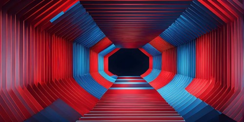 Abstract geometric pattern tunnel structure embodying data streams and communication in red and