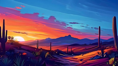 Abstract illustration of a sunset over a desert landscape in vivid and vibrant colors, AI generated