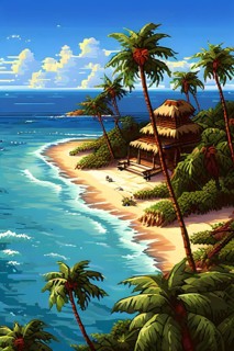 Pixel art illustration of a tropical island paradise with palm trees and sandy beach, AI generated