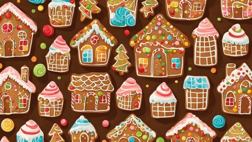 Abstract wallpaper illustration of of gingerbread house decoration, AI generated