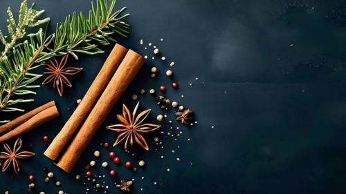 Abstract wallpaper illustration of Christmas spices like cinnamon sticks, star anise, and cloves,