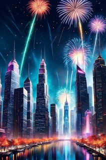 Wallpaper illustration of a cityscape on New Year's Eve, with glowing skyscrapers and floating