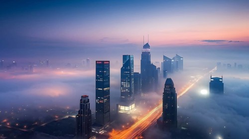 Aerial view of a mega city with smog and pollution, AI generated