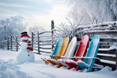 Rustic wooden sleds with frost covered branches and a snowman in the background, AI generated