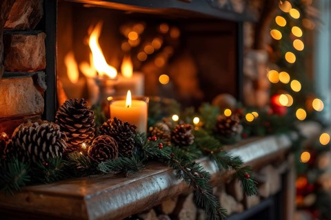 A cozy fireplace mantle decorated with pine cones, garlands, and lit candles, with a close-up focus