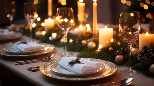 Close up of Christmas dinner table with traditional festive foods and ambient candlelight, AI