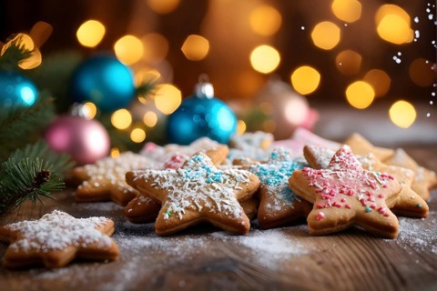 A detailed shot of Christmas cookies on a wooden table, featuring star-shaped cookies with colorful