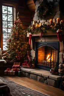 Traditional stone fireplace decorated for Christmas, with garlands, stockings, and candles, set in