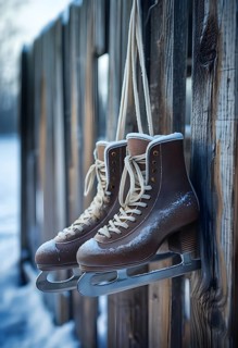 Pair of vintage ice skates hanging by their laces on an old wooden fence with frost and snow gently